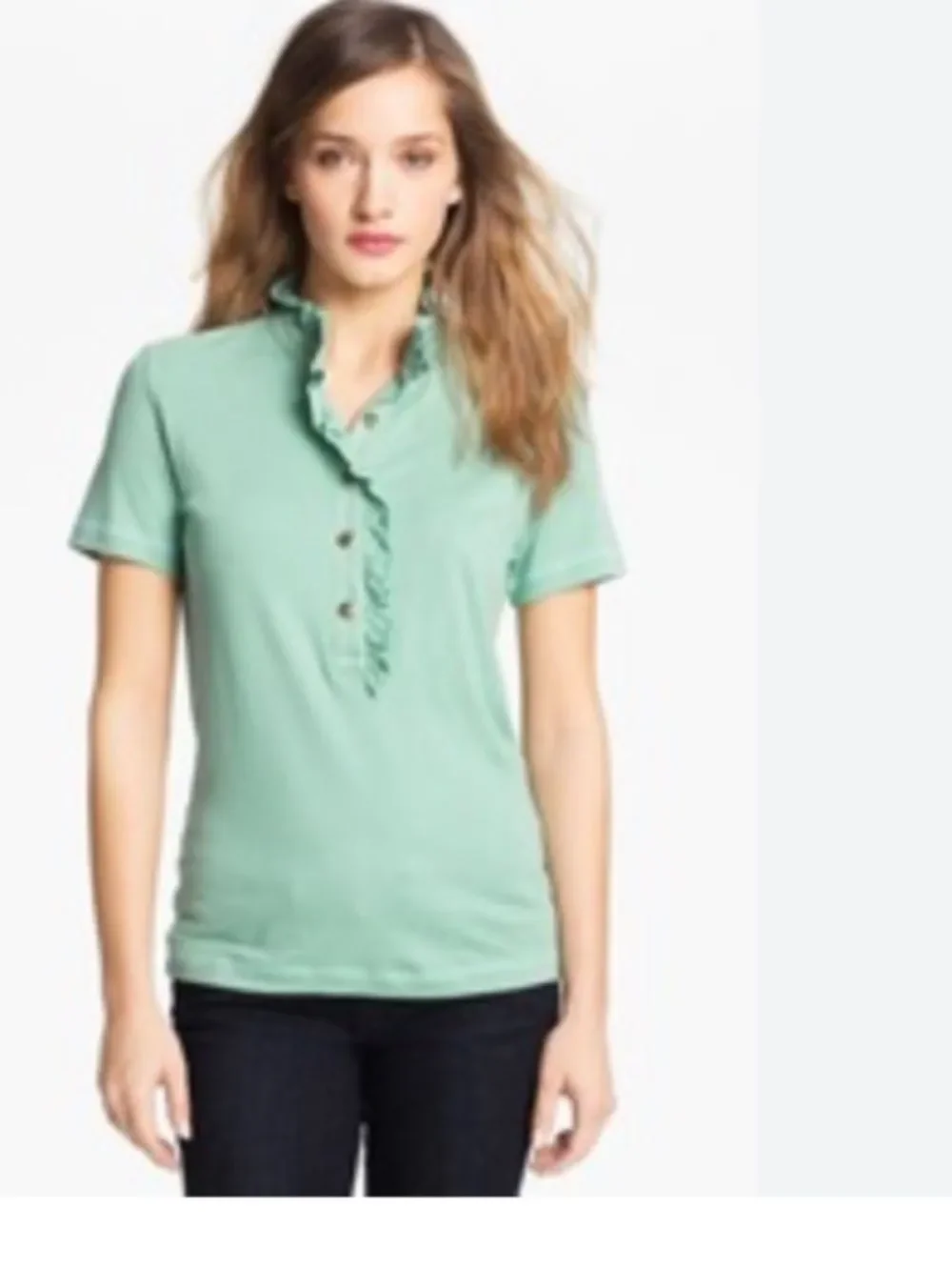 Preppy Quiet Luxury Tory Burch Ruffle Polo Top M Aqua Blue Gold Logo Buttons
